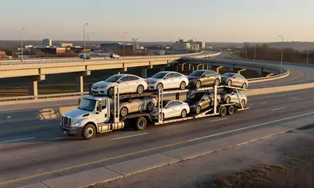 Car transporter with the O'Fallon, Missouri, United States skyline behind it