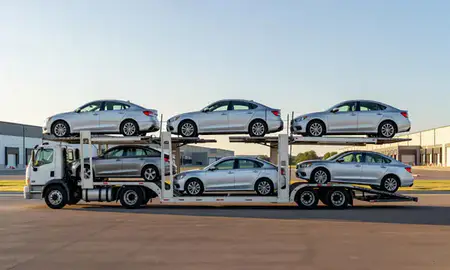 Car transporter parked in an industrial area of Raytown, Missouri, United States