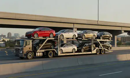 Car transporter with the Raytown, Missouri, United States skyline behind it