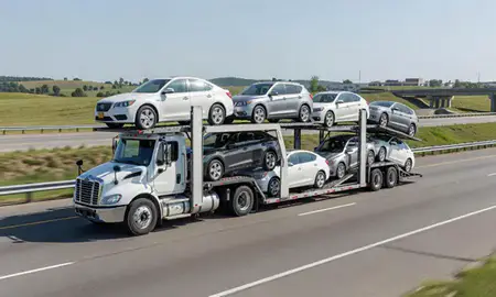 Multi-level car carrier on the highway to Springfield, Missouri, United States