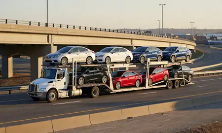 Car transporter with the Springfield, Missouri, United States skyline behind it