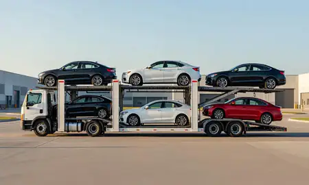 Car transporter parked in an industrial area of St. Charles, Missouri, United States