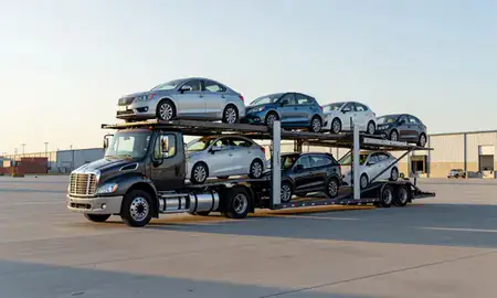 Car transporter loaded with vehicles in St. Charles, Missouri, United States