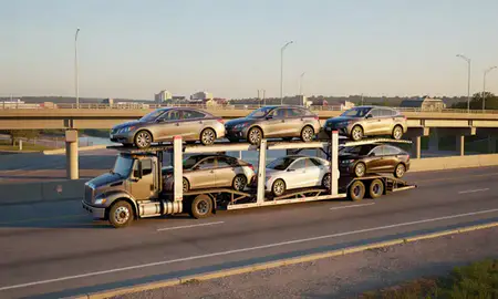 Car transporter with the St. Charles, Missouri, United States skyline behind it