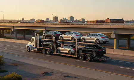 Car transporter with the St. Joseph, Missouri, United States skyline behind it