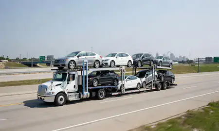 Multi-level car carrier on the highway to St. Louis, Missouri, United States