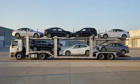 Car transporter parked in an industrial area of St. Louis, Missouri, United States