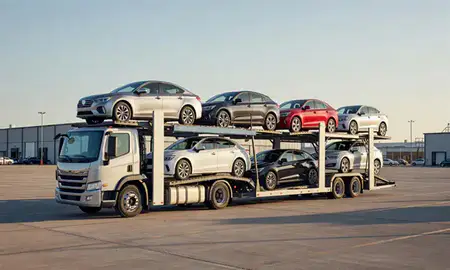 Car transporter loaded with vehicles in St. Louis, Missouri, United States