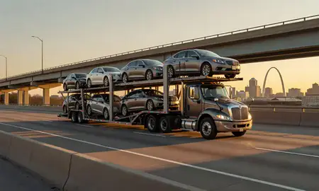 Car transporter with the St. Louis, Missouri, United States skyline behind it