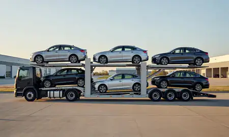 Car transporter parked in an industrial area of St. Peters, Missouri, United States