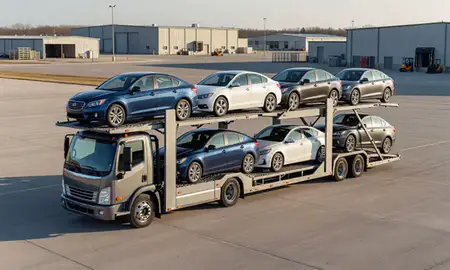 Car transporter loaded with vehicles in St. Peters, Missouri, United States