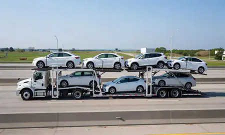 Multi-level car carrier on the highway to University City, Missouri, United States
