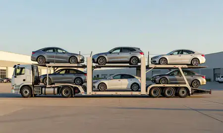 Car transporter parked in an industrial area of University City, Missouri, United States