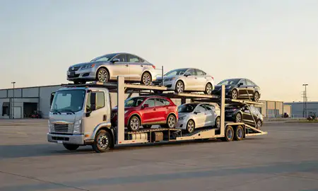 Car transporter loaded with vehicles in University City, Missouri, United States
