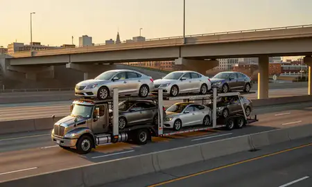Car transporter with the University City, Missouri, United States skyline behind it