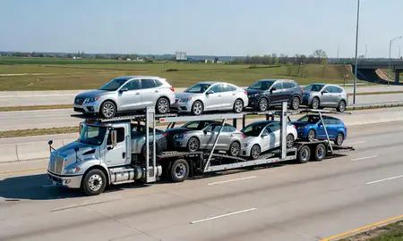 Multi-level car carrier on the highway to Wentzville, Missouri, United States