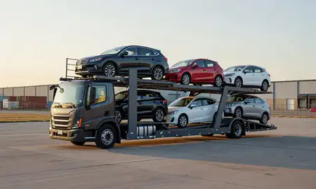 Car transporter loaded with vehicles in Wentzville, Missouri, United States