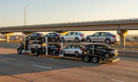 Car transporter with the Wentzville, Missouri, United States skyline behind it