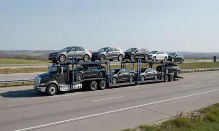 Multi-level car carrier on the highway to Wildwood, Missouri, United States