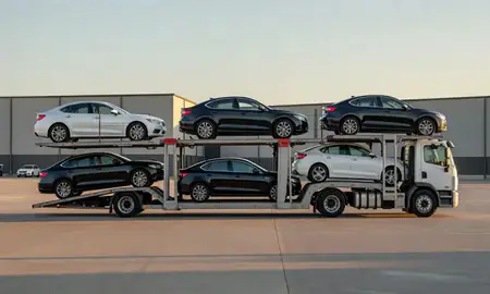 Car transporter parked in an industrial area of Wildwood, Missouri, United States