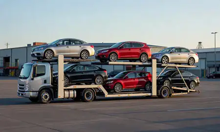 Car transporter loaded with vehicles in Wildwood, Missouri, United States
