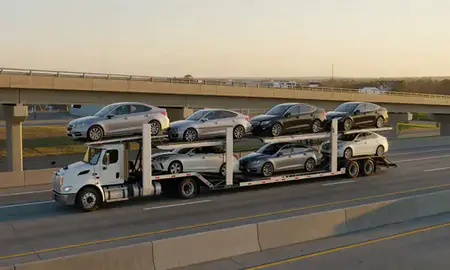 Car transporter with the Wildwood, Missouri, United States skyline behind it