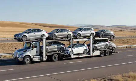 Multi-level car carrier on the highway to Montana, United States