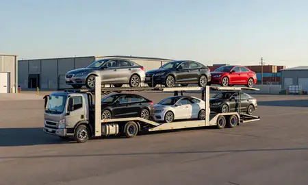 Car transporter loaded with vehicles in Montana, United States