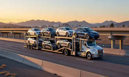 Car transporter with the Montana, United States skyline behind it