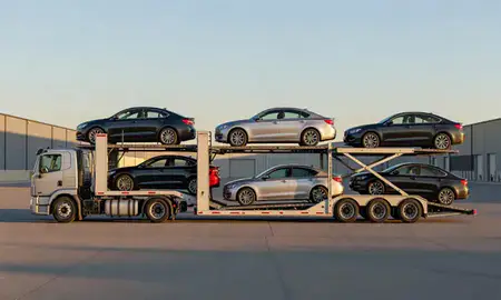 Car transporter parked in an industrial area of Anaconda, Montana, United States