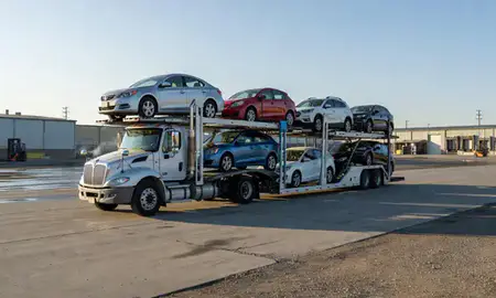 Car transporter loaded with vehicles in Anaconda, Montana, United States