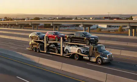 Car transporter with the Anaconda, Montana, United States skyline behind it