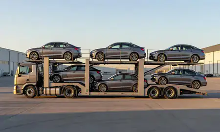 Car transporter parked in an industrial area of Belgrade, Montana, United States
