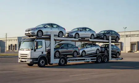 Car transporter loaded with vehicles in Belgrade, Montana, United States