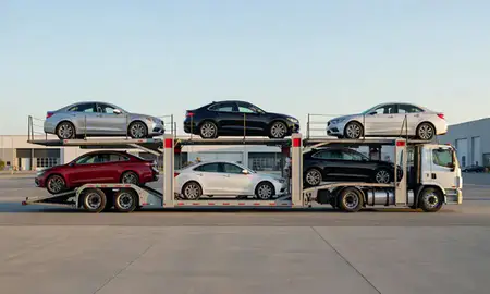 Car transporter parked in an industrial area of Bigfork, Montana, United States