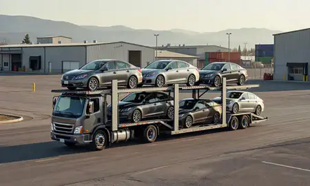 Car transporter loaded with vehicles in Bigfork, Montana, United States