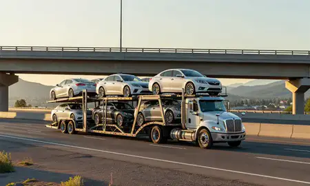 Car transporter with the Bigfork, Montana, United States skyline behind it