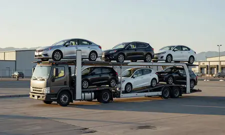 Car transporter loaded with vehicles in Billings, Montana, United States