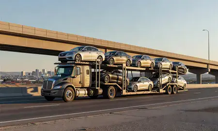 Car transporter with the Billings, Montana, United States skyline behind it