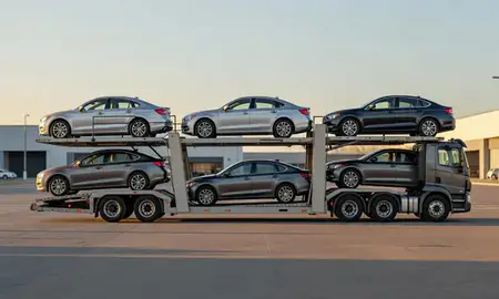 Car transporter parked in an industrial area of Bozeman, Montana, United States