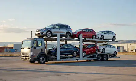 Car transporter loaded with vehicles in Bozeman, Montana, United States