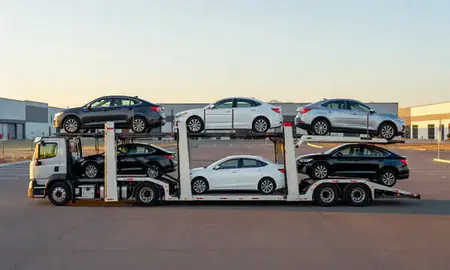 Car transporter parked in an industrial area of Butte, Montana, United States
