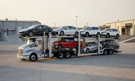 Car transporter loaded with vehicles in Butte, Montana, United States