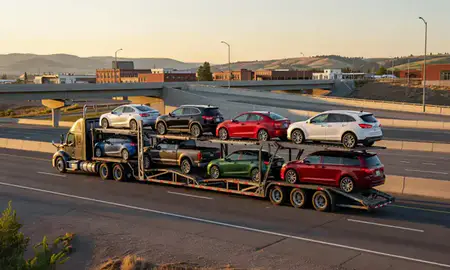 Car transporter with the Butte, Montana, United States skyline behind it