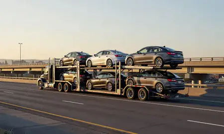 Car transporter with the Columbia Falls, Montana, United States skyline behind it