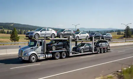 Multi-level car carrier on the highway to Evergreen, Montana, United States