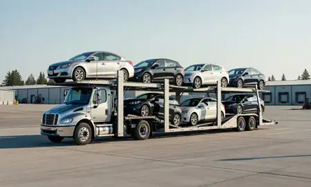 Car transporter loaded with vehicles in Evergreen, Montana, United States