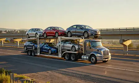 Car transporter with the Evergreen, Montana, United States skyline behind it