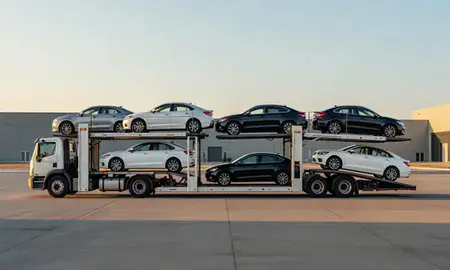 Car transporter parked in an industrial area of Four Corners, Montana, United States