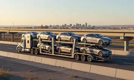 Car transporter with the Four Corners, Montana, United States skyline behind it